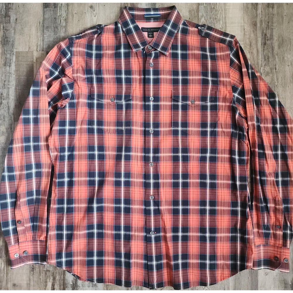 Banana Republic Button Down Shirt Mens Large Orange Plaid Epaulets Pockets